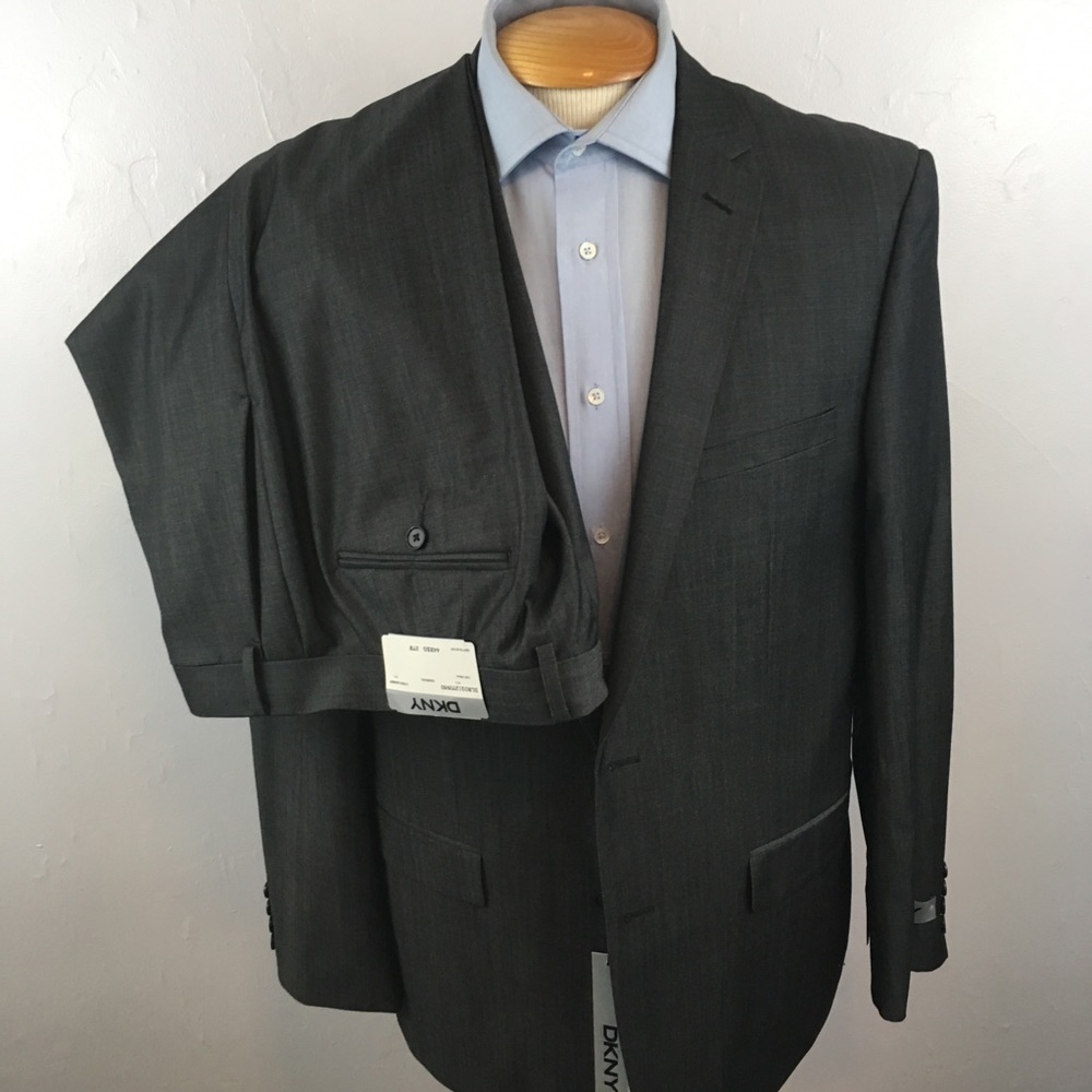 Dkny 44r mens suit solid gray skinny fit 2 piece 100% wool 2 buttons new ea0082